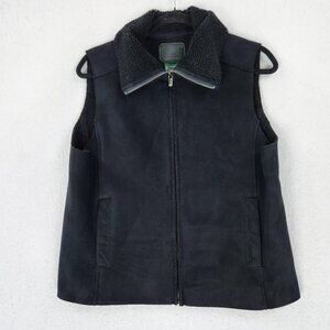 Ralph Lauren Vest Women Medium Petite Black Fleece Lined LRL Faux Suede Full Zip